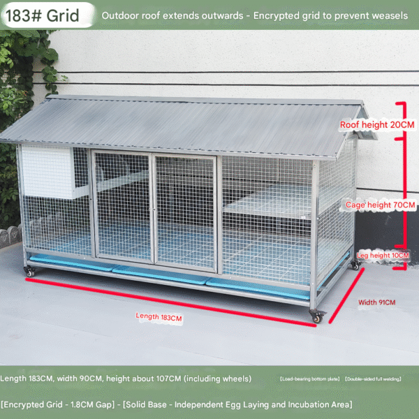 Sturdy Rust-Proof Chicken Coop with Brake Casters - Large Space Chicken Villa w/ Egg Laying Area, Stainless Steel Trough for Chickens, Ducks, Rabbits & Small Poultry