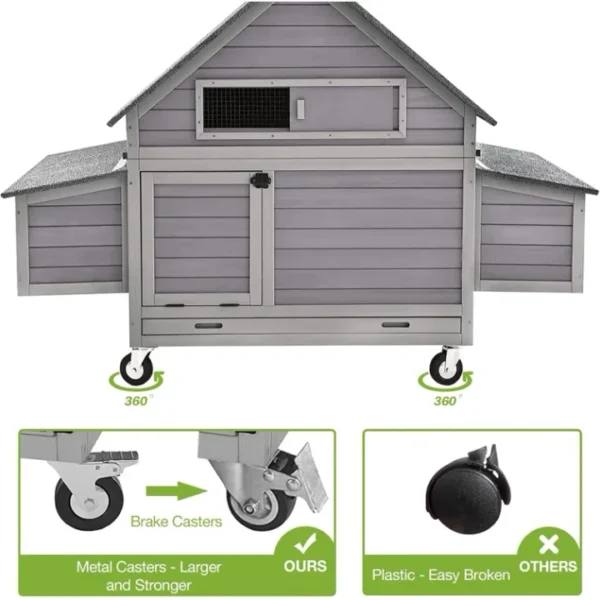 Large Chicken Coop On Wheels Mobile Weatherproof For 6-8 Chickens With 6 Nesting Box