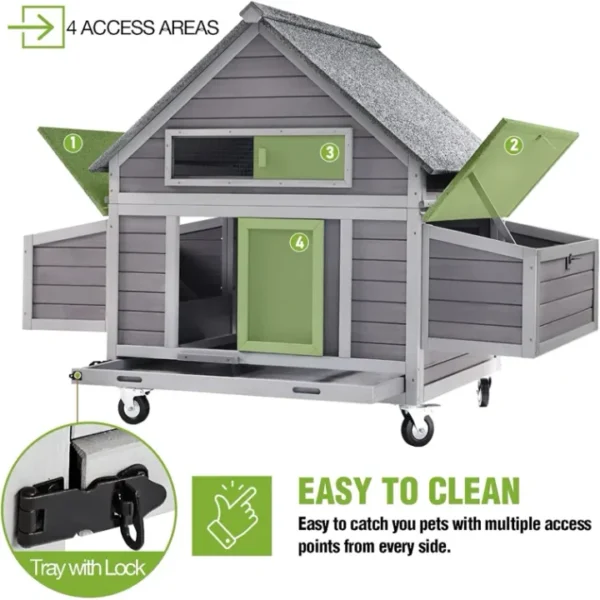 Large Chicken Coop On Wheels Mobile Weatherproof For 6-8 Chickens With 6 Nesting Box