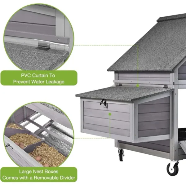 Large Chicken Coop On Wheels Mobile Weatherproof For 6-8 Chickens With 6 Nesting Box