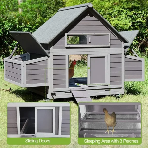 Large Chicken Coop On Wheels Mobile Weatherproof For 6-8 Chickens With 6 Nesting Box